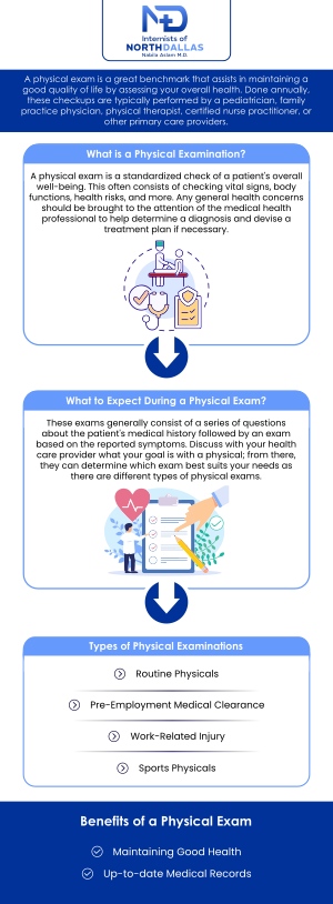 A physical exam is an essential part of maintaining good health by identifying potential health issues before they become serious. At Internists of North Dallas, Dr. Nabila Aslam, MD, provides comprehensive physical exams tailored to your individual health needs. Whether you're due for a routine checkup or need more specialized care, our team will work with you to create a personalized plan that supports your long-term health and wellness. For more information, contact us or schedule an appointment online. We are conveniently located at 4500 N MacArthur Blvd #130, Irving, TX 75038. A physical exam is an essential part of maintaining good health by identifying potential health issues before they become serious. At Internists of North Dallas, Dr. Nabila Aslam, MD, provides comprehensive physical exams tailored to your individual health needs. Whether you're due for a routine checkup or need more specialized care, our team will work with you to create a personalized plan that supports your long-term health and wellness. For more information, contact us or schedule an appointment online. We are conveniently located at 4500 N MacArthur Blvd #130, Irving, TX 75038.