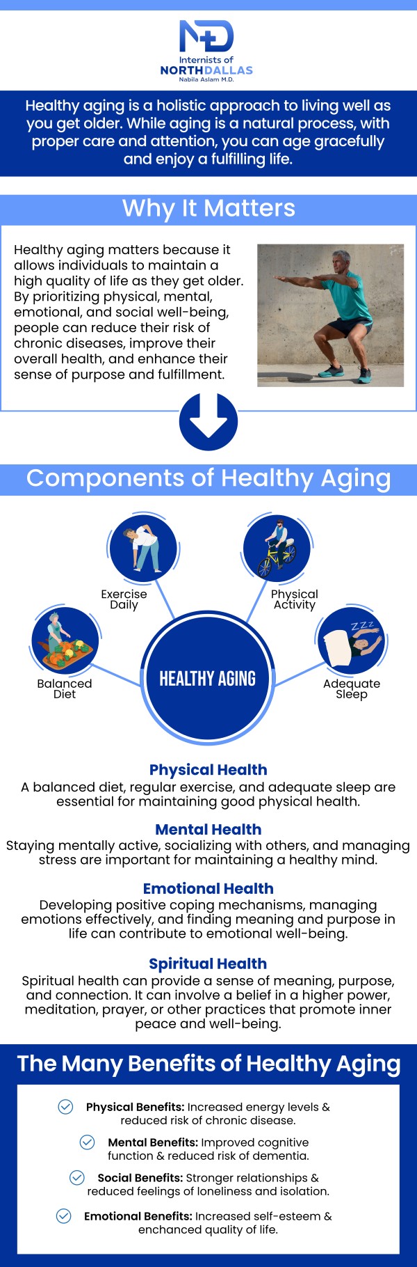 Healthy aging is essential for maintaining physical, mental, and emotional well-being as we grow older. Board-Certified Dr. Nabila Aslam, MD, focuses on preventing age-related diseases, managing chronic conditions, and improving overall quality of life for seniors. With her extensive experience in internal medicine, she provides personalized care that supports healthy aging. Dr. Aslam's holistic approach ensures that seniors can lead active, fulfilling lives as they age, with a focus on both prevention and treatment. For more information, contact us or schedule an appointment online. We are conveniently located at 4500 N MacArthur Blvd #130, Irving, TX 75038.