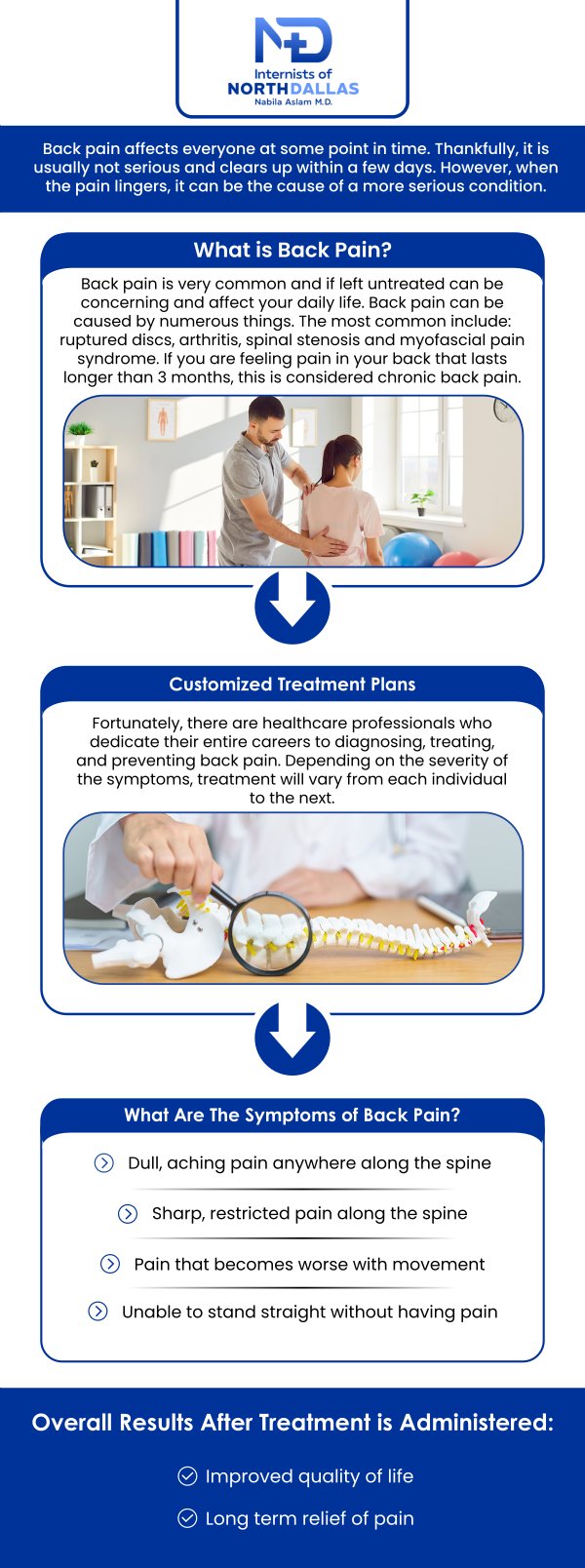 Back pain can stem from various causes, including poor posture, muscle strain, or more serious conditions like herniated discs. Dr. Nabila Aslam, MD, specializes in diagnosing and providing effective treatment for back pain in Irving, TX. A thorough evaluation and personalized treatment plan tailored to your specific needs are key to finding relief and preventing future episodes. For more information, contact us or schedule an appointment online. We are conveniently located at 4500 N MacArthur Blvd #130, Irving, TX 75038.