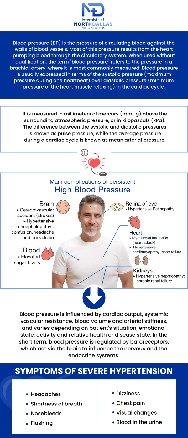 If you’re struggling with high blood pressure (hypertension), it’s important to consult a specialist when lifestyle changes and over-the-counter medications aren’t enough. Dr. Nabila Aslam, M.D., at Internists of North Dallas can help manage your blood pressure with a tailored treatment plan, which may include prescription medication, diet changes, and regular monitoring to reduce the risk of heart disease and other complications. For more information, contact us or schedule an appointment online. We are conveniently located at 4500 N MacArthur Blvd #130, Irving, TX 75038.