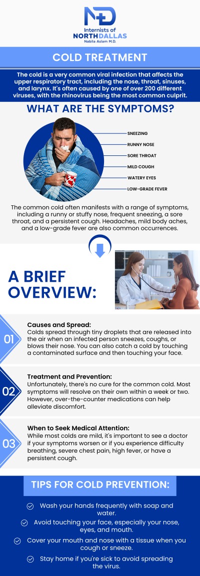 Blowing your nose when you have a cold is a common response to congestion, but it can sometimes make your symptoms worse. Forcefully blowing your nose can create pressure in the sinuses and nasal passages, leading to more irritation and potential injury. Instead, gentle blowing or using a saline nasal spray may help alleviate congestion without aggravating the symptoms. At Internists of North Dallas, Dr. Nabila Aslam, M.D., and our team can provide personalized advice on managing cold symptoms and preventing further discomfort. For more information, contact us or schedule an appointment online. We are conveniently located at 4500 N MacArthur Blvd #130, Irving, TX 75038.