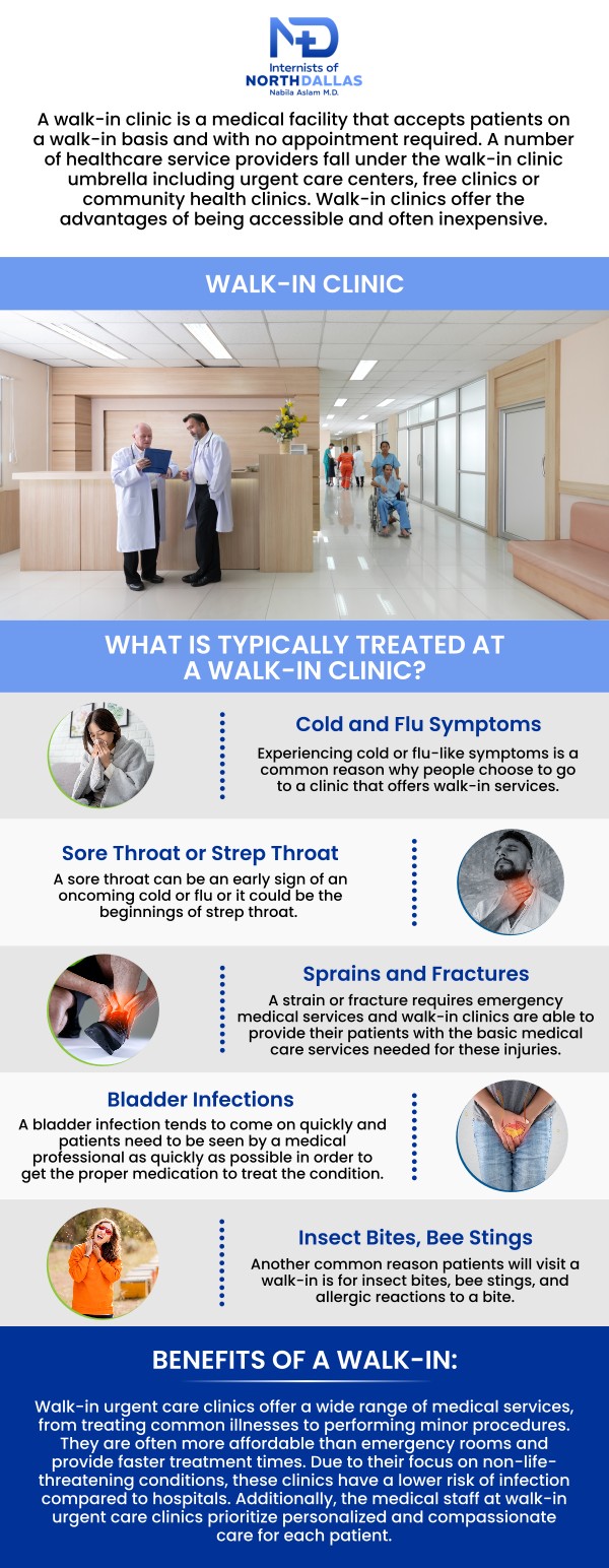 Common questions asked by patients: What is a walk-in clinic? Do I need an appointment for a walk-in clinic visit in Irving, TX? What types of services are offered at the walk-in clinic? Does the walk-in clinic accept insurance? Can I visit the walk-in clinic for routine health check-ups?
Dr. Nabila Aslam and the team at Internists of North Dallas offer walk-in clinic services in Irving, TX, providing immediate care for a variety of health concerns. Whether you're dealing with minor injuries or illnesses, our team is ready to assist you without the need for an appointment. Trust us for quick, professional care tailored to your needs. For more information, contact us or schedule an appointment online. We are conveniently located at 4500 N MacArthur Blvd #130, Irving, TX 75038. We serve patients from Irving TX, Coppell TX, Euless TX, Las Colinas TX, Farmers Branch TX, Valley Ranch TX, and surrounding areas.