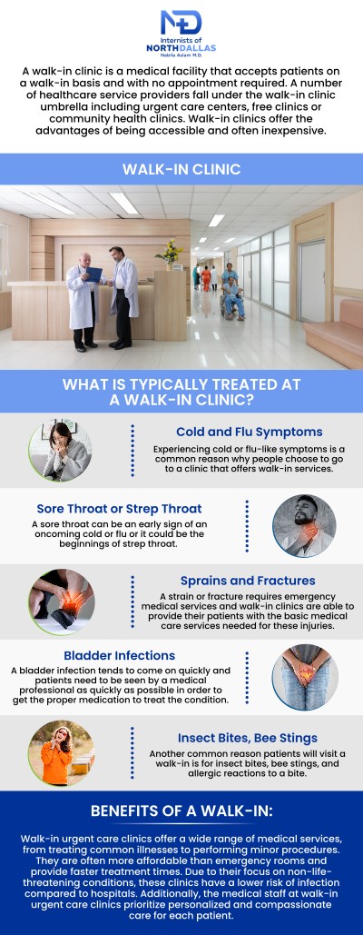 Common questions asked by patients: What is a walk-in clinic? Do I need an appointment for a walk-in clinic visit in Irving, TX? What types of services are offered at the walk-in clinic? Does the walk-in clinic accept insurance? Can I visit the walk-in clinic for routine health check-ups?
Dr. Nabila Aslam and the team at Internists of North Dallas offer walk-in clinic services in Irving, TX, providing immediate care for a variety of health concerns. Whether you're dealing with minor injuries or illnesses, our team is ready to assist you without the need for an appointment. Trust us for quick, professional care tailored to your needs. For more information, contact us or schedule an appointment online. We are conveniently located at 4500 N MacArthur Blvd #130, Irving, TX 75038. We serve patients from Irving TX, Coppell TX, Euless TX, Las Colinas TX, Farmers Branch TX, Valley Ranch TX, and surrounding areas.
